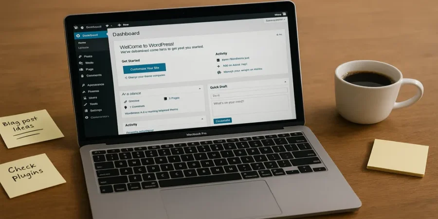 Laptop, rajta képernyő, amely megmutatja, hogyan lehetséges sikeres honlap készítés WordPress admin felülettel. Mindez körülvéve jegyzetekkel és kávéval