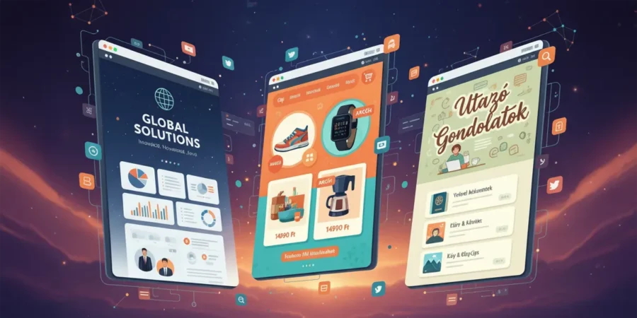 Mi az a honlap? - Különféle honlaptípusok illusztrációja, beleértve vállalati, e-kereskedelmi és személyes blog oldalakat.