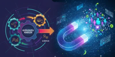 Vevőszerzési rendszer elemeit bemutató grafika és mágnesként ábrázolt marketing stratégia ügyfélszerzési ábrázolással.