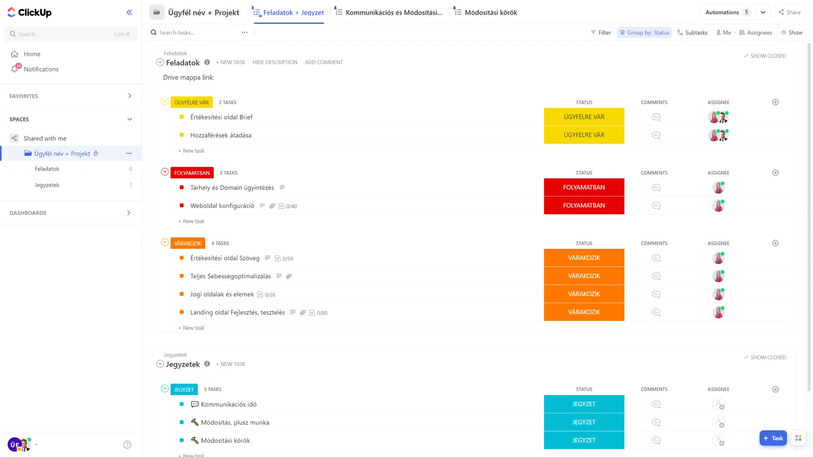 ClickUp projektmenedzsment felület: ügyfélprojekt feladatai állapotok szerint csoportosítva