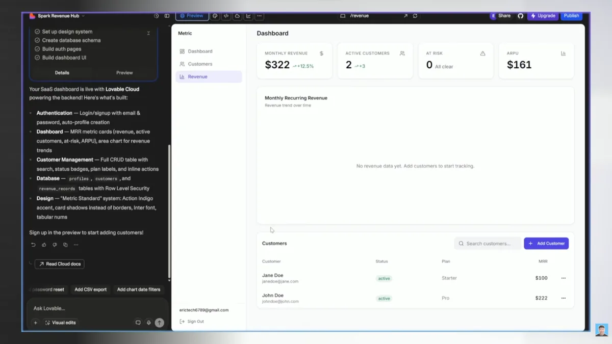 Lovable felületén készített előnézet SaaS dashboarddal és ügyféltáblával
