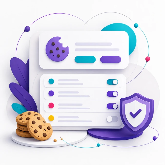 Cookie bannert, beállításlistát és adatvédelmi pajzsot ábrázoló illusztráció