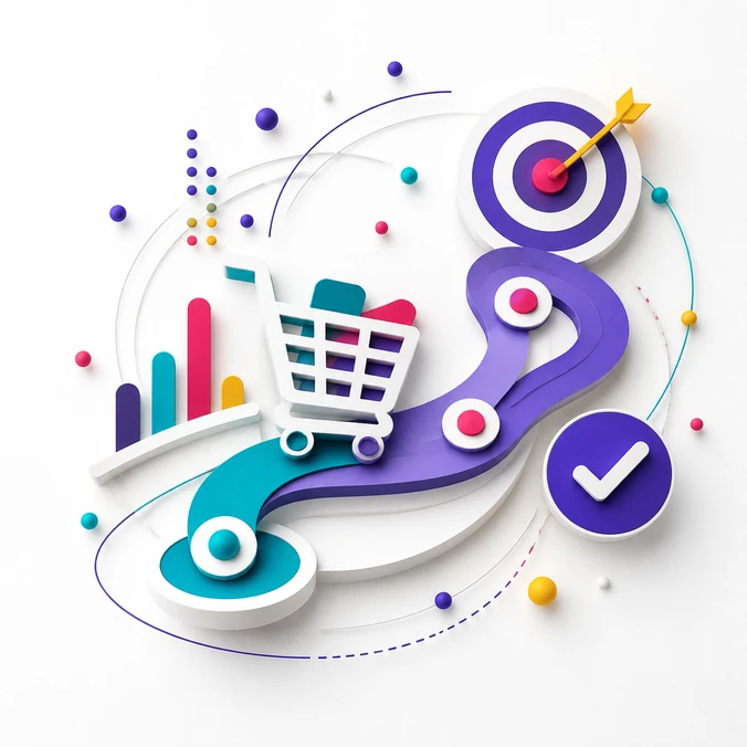 WooCommerce-vásárlási útvonalat és sikeres hirdetési konverziót ábrázoló illusztráció