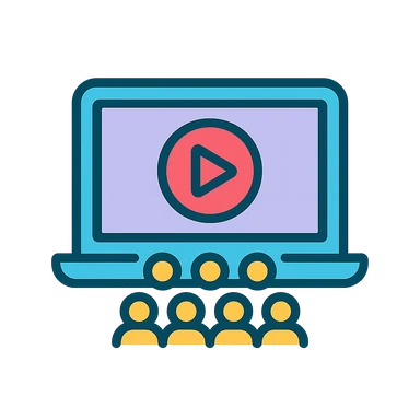Ikon: laptop lejátszás gombbal és közönséggel – webináros rendszer