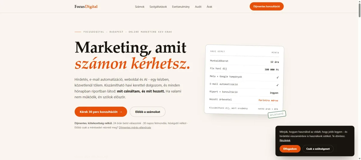 FocusDigital landing oldal mérhető marketinget ígérő főcímmel és eredménykártyával
