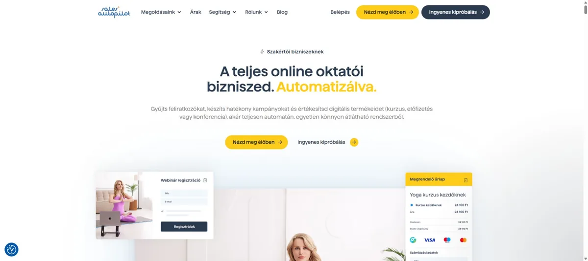 SalesAutopilot online oktatói biznisz landing oldala főcímmel és CTA-gombokkal