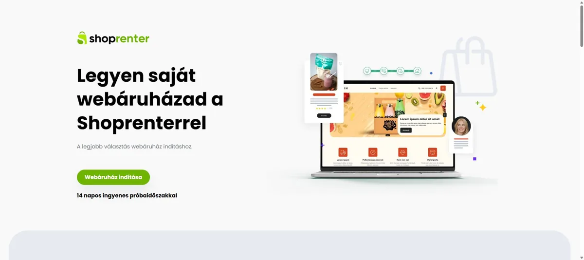 Shoprenter webáruház-indító landing oldala főcímmel, laptopképpel és CTA-gombbal