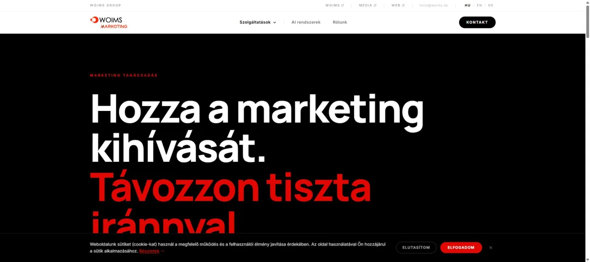 WOIMS marketingtanácsadási landing oldal tiszta irányt ígérő főcímmel és időpontfoglalással