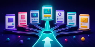 Hétféle landingoldal felé vezető, színes digitális döntési út