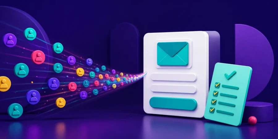 Háromdimenziós feliratkozó űrlap, checklist és e-mail ikonok opt-in oldal témában