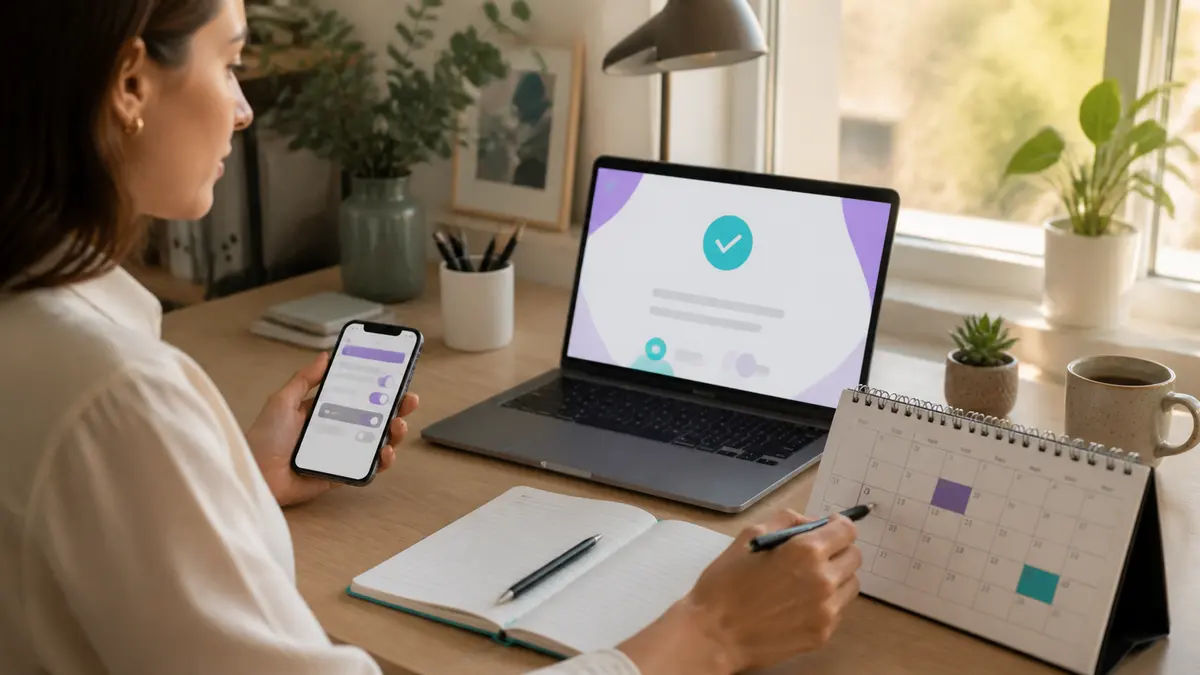 Egy résztvevő naptárába feljegyzi a webinar időpontját, miközben a laptopján visszaigazolás látható