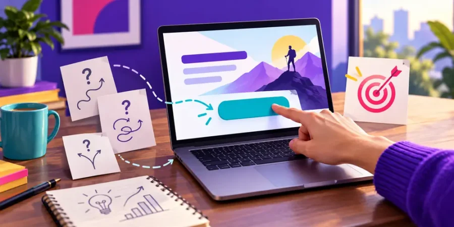 Kéz egy laptop kijelzőjén látható türkiz CTA gomb felé mutat, körülötte döntési és célvizuálok