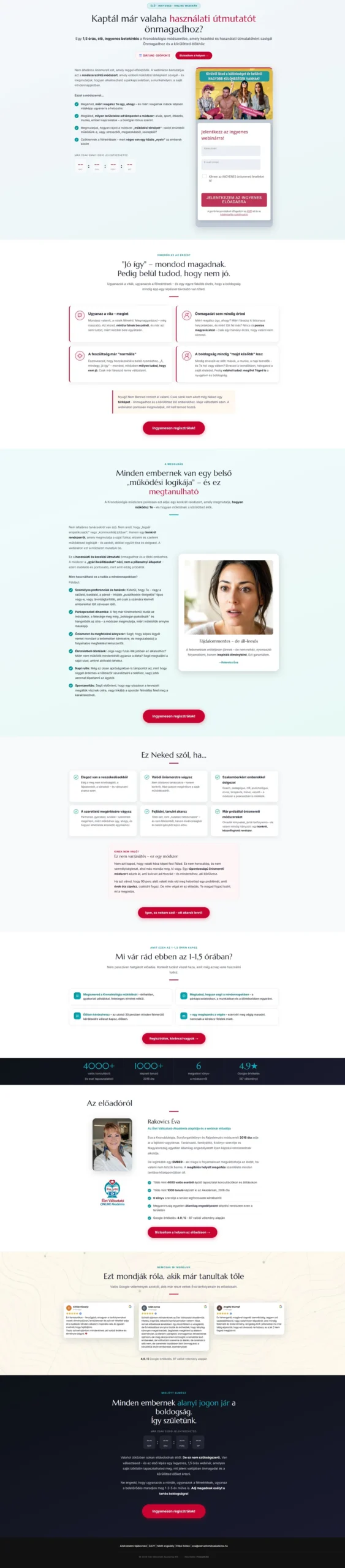 Élet Változtató Akadémia kronobiológia webinár landing oldal