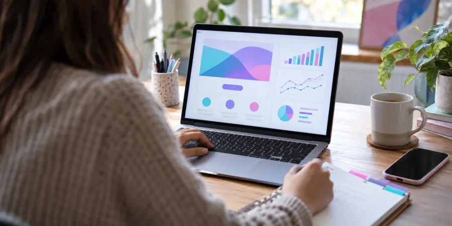 Kreatív szakember landing oldal optimalizálásán dolgozik laptop mellett.