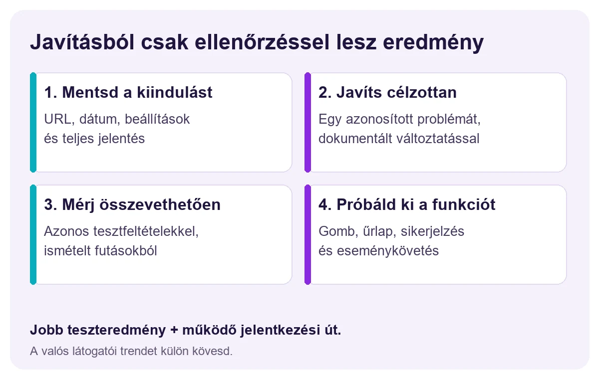 A landing oldal gyorsításának ellenőrzési sorrendje: kiinduló jelentés, célzott javítás, új mérés és funkciópróba