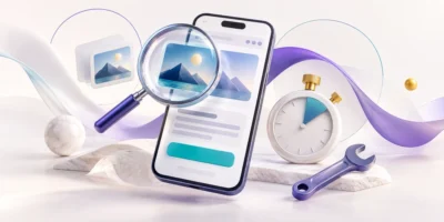Landingoldalt mutató telefon nagyítóval, stopperórával és villáskulccsal, lila-türkiz illusztráción