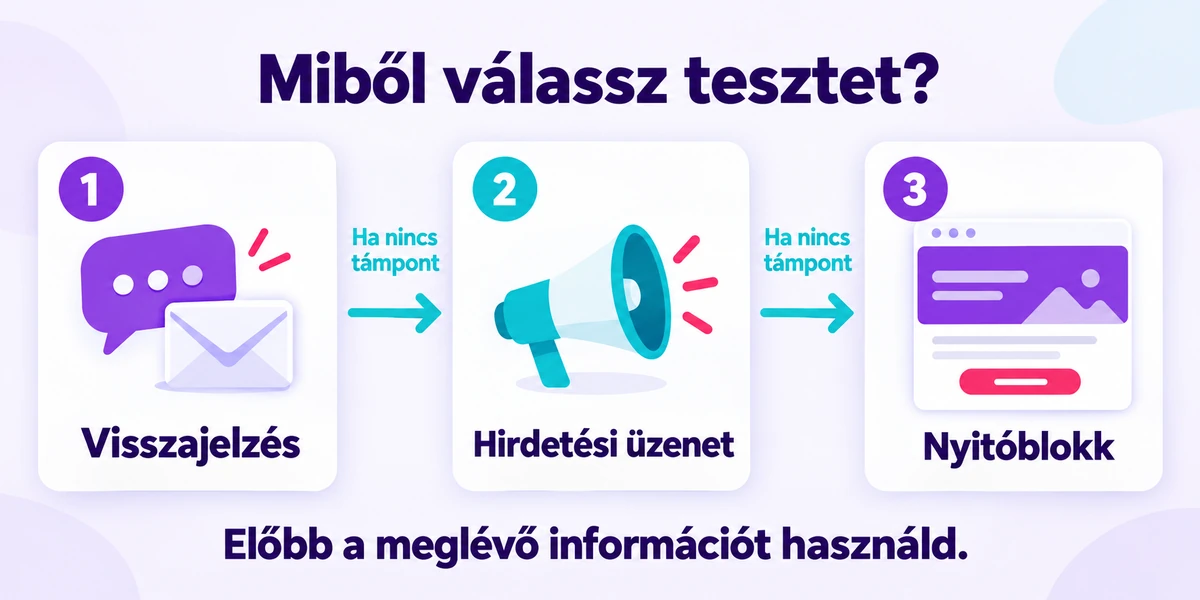 Visszajelzés, hirdetési üzenet és nyitóblokk mint az első landingteszt 3 kiindulópontja.