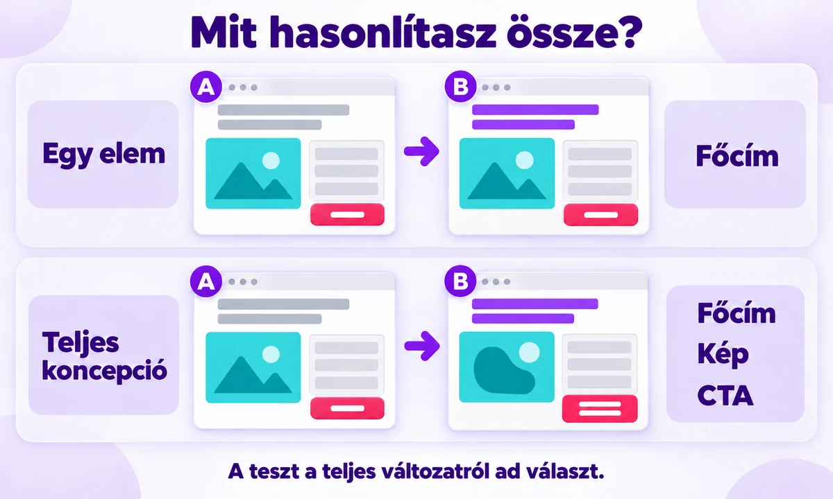 Egy főcím cseréjének és a főcím, kép, CTA együttes módosításának összehasonlító ábrája.
