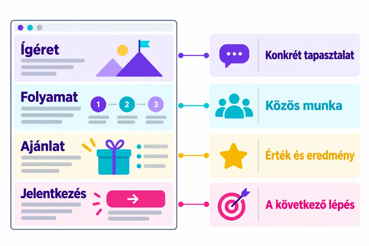 A landing oldal 4 szakasza és a melléjük illő ügyféltapasztalatok párosítása.