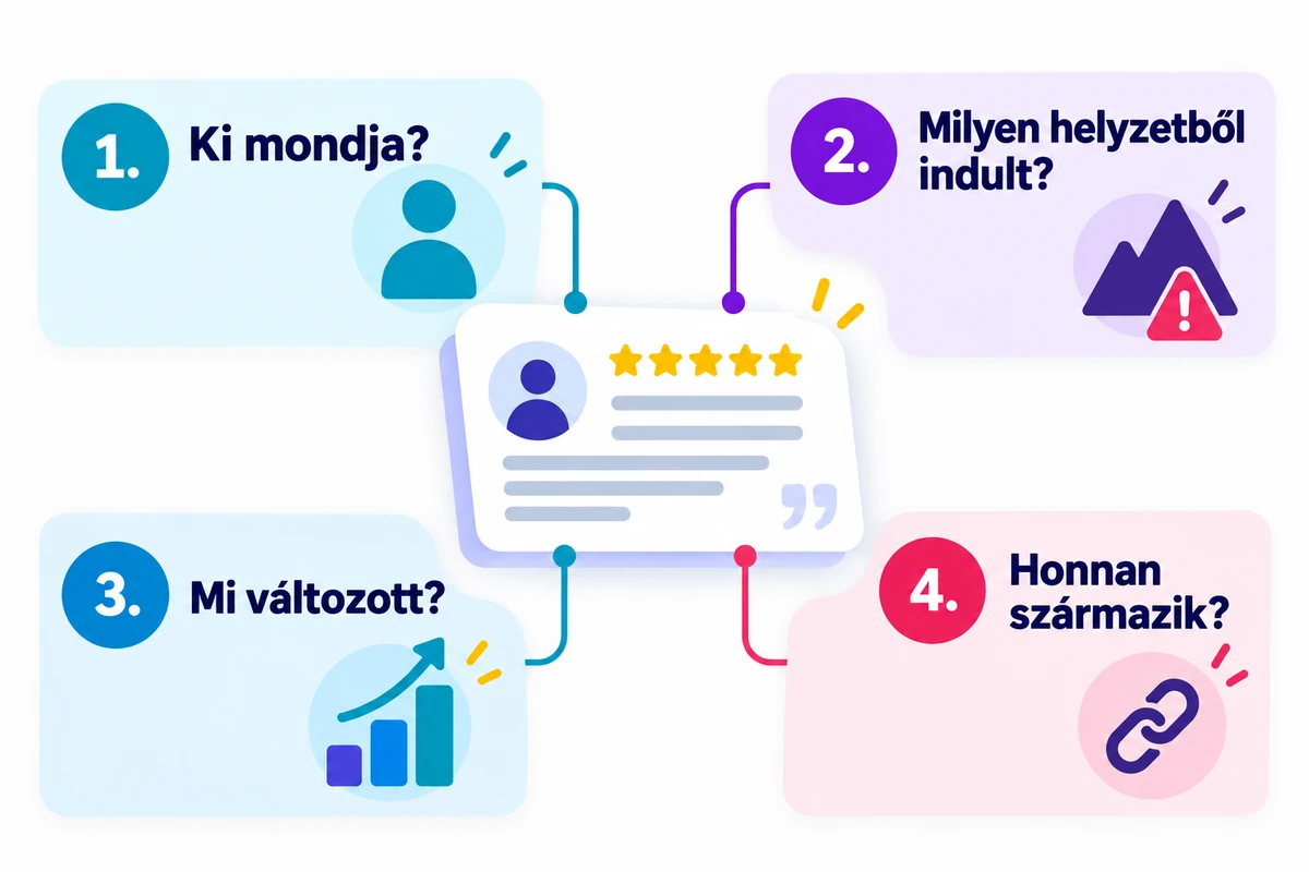 A hiteles ügyfélvélemény 4 eleme: szerző, kiinduló helyzet, változás és forrás.